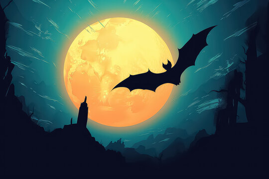 silhouette of a bat against the background of a large moon.