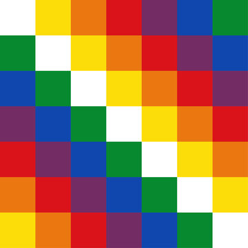 Wiphala of Qullasuyu, official variant flag of Bolivia since 2009. Square emblem commonly used as flag to represent native peoples of the Andes. Composed of a 7 x 7 square patchwork in rainbow colors.
