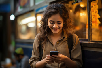 Indian girl using smartphone, happy expressions - obrazy, fototapety, plakaty