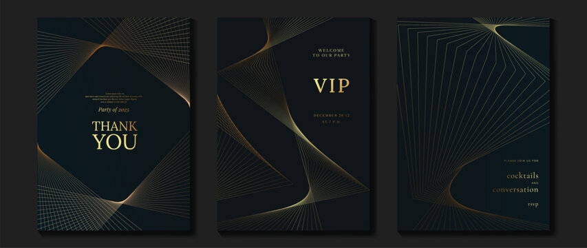 Luxury invitation card background vector. Golden curve elegant, gold line gradient on dark green color background. Premium design illustration for gala card, grand opening, party invitation, wedding.