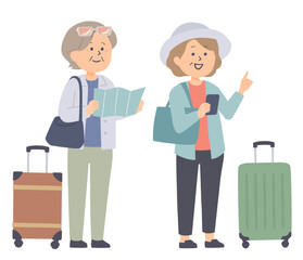 友達と旅行中のシニア女性のイラスト
