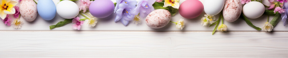 Obraz na płótnie Canvas カラフルなイースターの卵と春の花の背景素材　Generative AI