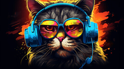 Cool cat in headphones and sunglasses