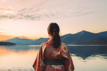 Asian woman in traditional Japanese kimono on Mount Fuji. - obrazy, fototapety, plakaty