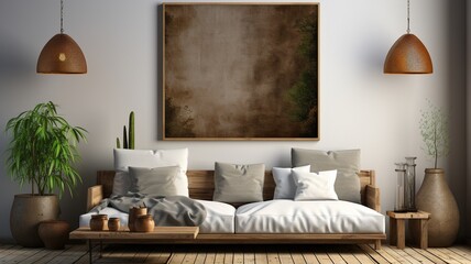 Bohemian interior background, wooden living room design, mock-up poster frame. .