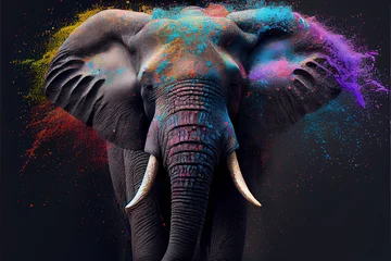 Zelfklevend Fotobehang illustration of elephant in holi dust powder on black background © terra.incognita