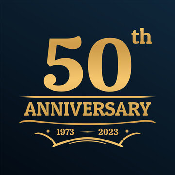 50 years anniversary golden logo, icon, label or badge. 50th jubilee, birthday celebration vintage design template. Wedding, invitation card element. Vector illustration.