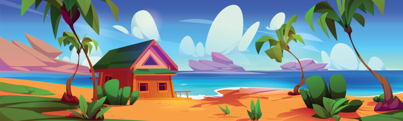 Fototapeta na wymiar Beach hut house in summer tropical vector illustration. Bungalow resort near sea background landscape. Wood cabin for ocean vacation on hawaii. Palm tree on exotic private lagoon coast for tourism
