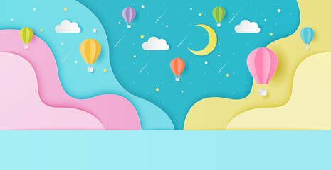 Paper cut of empty studio for products display presentation. Moon with hot air balloons, clouds and shooting star. Baby boy shower card, banner. Vector illustration.