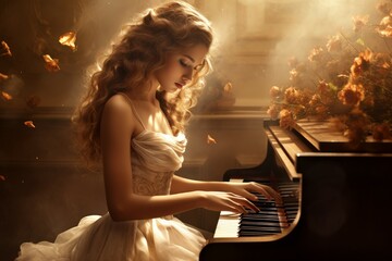 Beautiful woman playing piano at morning. Generate Ai - Powered by Adobe