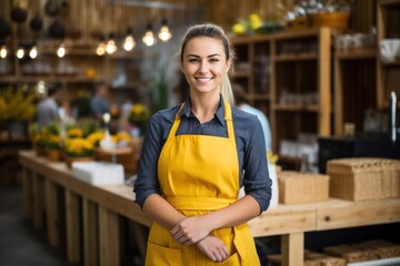 Naklejka premium young girl with a yellow apron standing smiling at the camera at modern farmers market shop