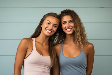 two young beautiful women girls in sport wear portrait