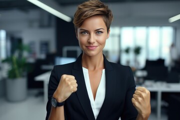 beautiful businesswoman with short hair holding hands and ready to fight