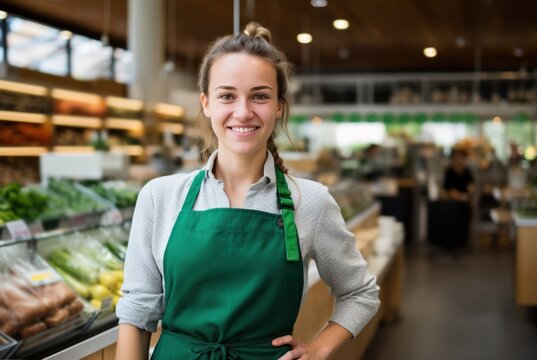 young girl with a green apron standing smiling at the camera at modern farmers market shop