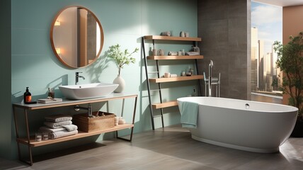 ceramic tiles, soft pastel hues, and a contemporary bathroom..