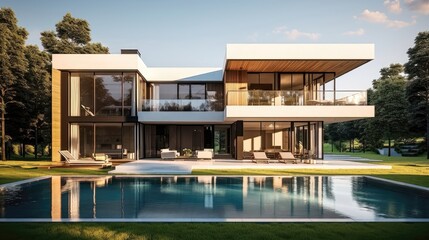 Fototapeta premium Golden-Hour Elegance: A Modern 2-Story Masterpiece. Generative AI 9