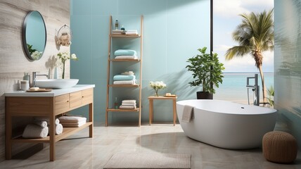 ceramic tiles, soft pastel hues, and a contemporary bathroom..
