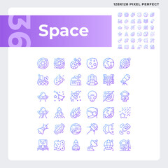 Fototapeta na wymiar Space pixel perfect gradient linear vector icons set. Solar system. Astronomy science. Celestial bodies. Thin line contour symbol designs bundle. Isolated outline illustrations collection