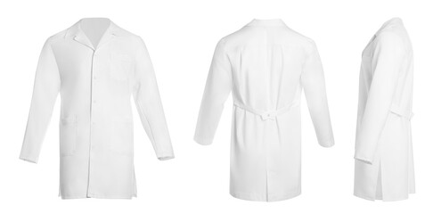 Medical uniform isolated on white, collage with back, side and front views