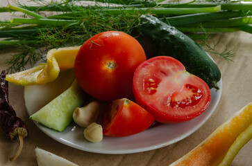 Vegetables and herbs, preparation for salad, are on a plate