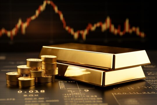 Gold bars and coins on the background of the financial chart. Business concept.