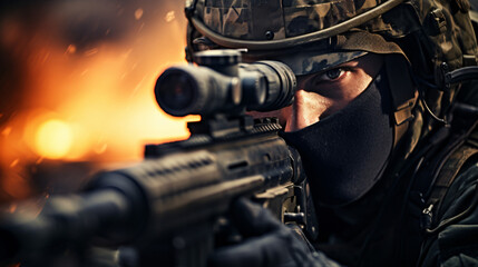 Fototapeta na wymiar Close-up of skilled army sniper aiming with optical