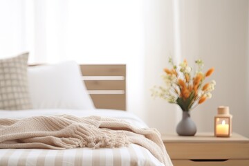 Modern interior cozy bedroom design with wall and a vase with autumn leaves with on wooden wall background, selective focus