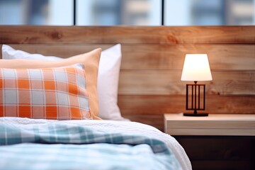 Modern interior cozy bedroom design with wall and a vase with autumn leaves with on wooden wall background, selective focus