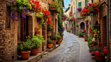 Fototapeta na wymiar Floral street in central Italy in the small Umbrian