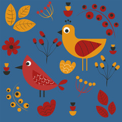 A vector set of illustrations that contains birds, flowers, leaves, and berries.