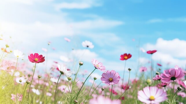 Beautiful flower background image in full bloom with blue sky in the spring field.