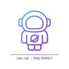 Obraz premium Astronaut pixel perfect gradient linear vector icon. Space explorer. Rocket scientist. Zero gravity. Science fiction. Thin line color symbol. Modern style pictogram. Vector isolated outline drawing