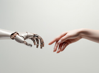 Robotic and human hands reaching for each other against a solid background, bathed in captivating technology light effects. Generative AI.