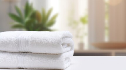 Fototapeta na wymiar Roll of clean bath towel and houseplant on white table, spa concept.
