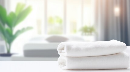 Fototapeta na wymiar Roll of clean bath towel and houseplant on white table, spa concept.