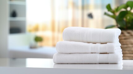 Roll of clean bath towel and houseplant on white table, spa concept.