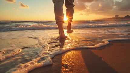 A man or woman walks barefoot outdoors on the beach