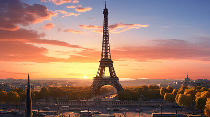 Beautiful view of Eiffel Tower in Paris with sunset