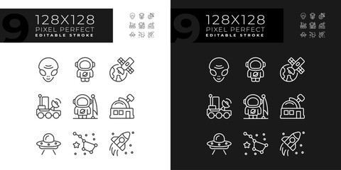 Space exploration pixel perfect linear icons set for dark, light mode. Cosmic discovery. Mars landing. Science fiction. Thin line symbols for night, day theme. Isolated illustrations. Editable stroke © bsd studio
