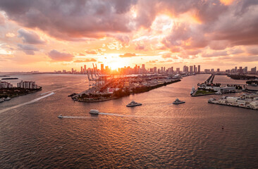 Miami City on Sunny Day sea beach, Miami City Container Ship Entering in sea