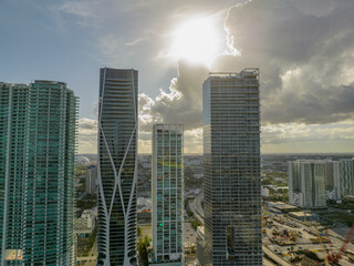 Obraz premium Skyline of Miami downtown at dusk. Florida, United States, Miami City on Sunny Day, USA. Aerial View stock photo, Miami skyline as seen from air