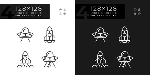 Extraterrestrial life pixel perfect linear icons set for dark, light mode. Space exploration. Science fiction. Thin line symbols for night, day theme. Isolated illustrations. Editable stroke © bsd studio