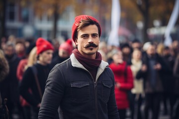 photography showcasing a city square, where an open-air event for Movember is underway. One Man with a mustache in focus.