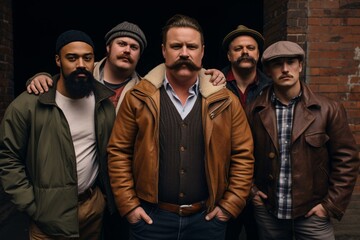 a diverse group of men, each sporting a unique mustache style, standing united against a rustic brick wall background