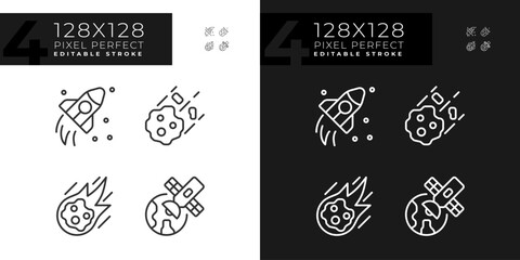 Cosmic exploration pixel perfect linear icons set for dark, light mode. Space research. Astronomy science. Thin line symbols for night, day theme. Isolated illustrations. Editable stroke