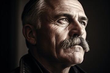 close-up portrait of a mature man, deep in thought, with a meticulously groomed mustache that stands out against the grayscale setting