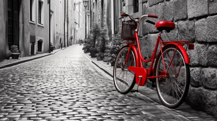 Poster Retro vintage red bike on cobblestone street © Rimsha