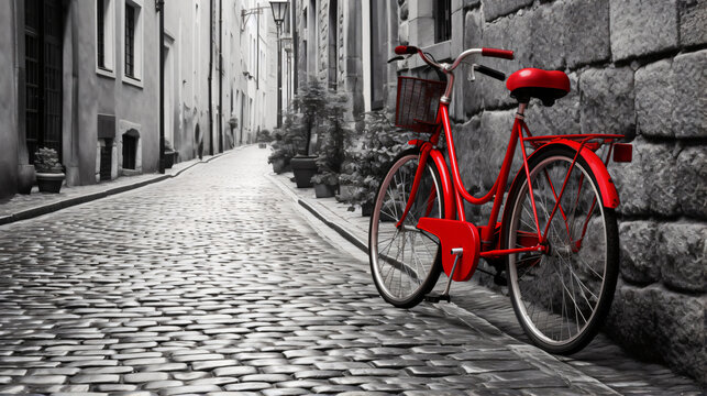 Retro vintage red bike on cobblestone street © Rimsha