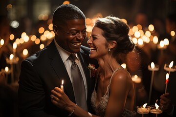 Formally dressed couple at a wedding celebration: moment of happines - obrazy, fototapety, plakaty