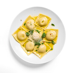 Fresh Ravioli pasta on a white plate isolated on white background. Flat lay, top view